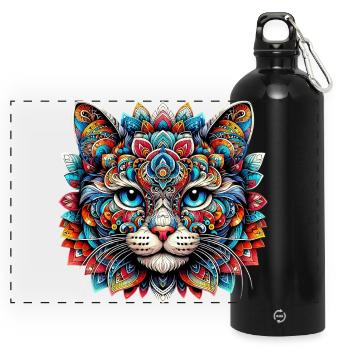 Katze mit Mandalas verziert - Panorama Trinkflasche mit Karabiner 750 ml - Schwarz - Vorne