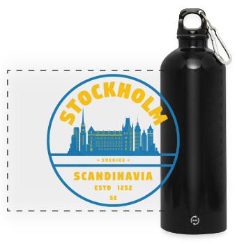 Stockholm Skyline Badge Blue Yellow - Panoramic Drinks Bottle with Carabiner 750 ml - black - Front