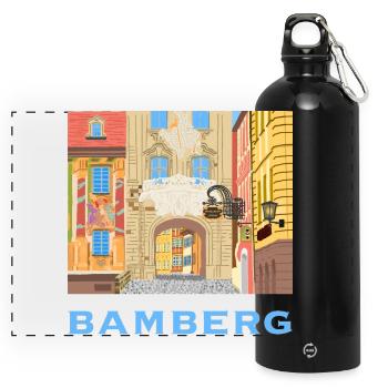 Bamberg, Town Hall, Bavaria, Germany, drawing - Panoramic Drinks Bottle with Carabiner 750 ml - black - Front