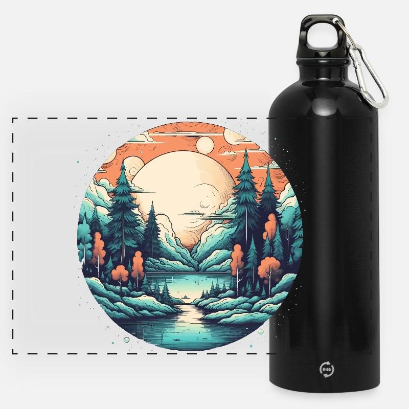 Forêt de clair de lune au bord du lac - Gourde panoramique avec mousqueton 750 ml - noir