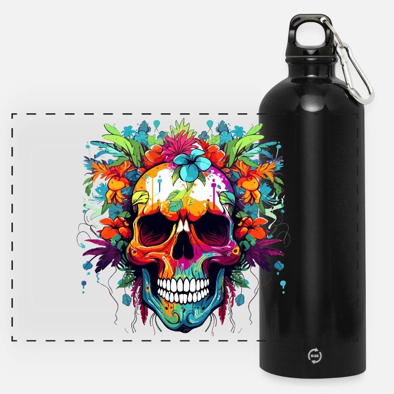 Colorful Flower Head Skull - Panoramic Drinks Bottle with Carabiner 750 ml - black