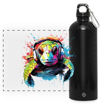 Schildkröte mit Kopfhörer Schildkröten Tiere - Panorama Trinkflasche mit Karabiner 750 ml - Schwarz - Vorne