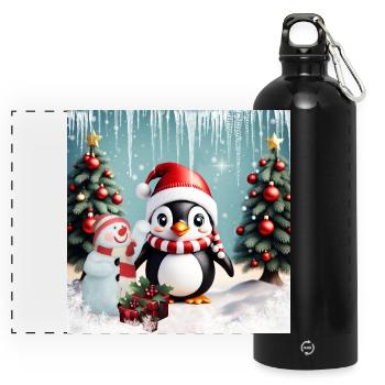 Niedlicher lustiger Pinguin - Panorama Trinkflasche mit Karabiner 750 ml - Schwarz - Vorne