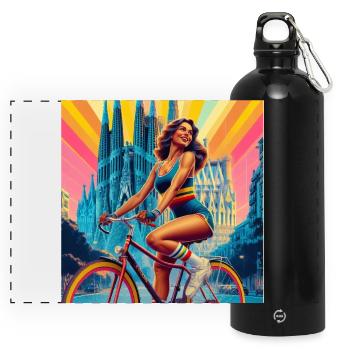 Heilige Familie Vintage Mädchen auf Fahrrad - Panorama Trinkflasche mit Karabiner 750 ml - Schwarz - Vorne