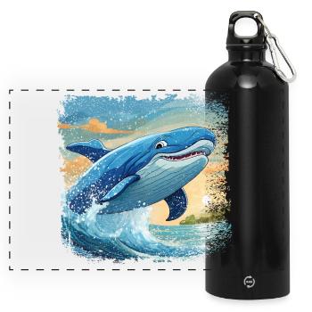 Blue whale jumps out of the water and smiles - Panoramic Drinks Bottle with Carabiner 750 ml - black - Front