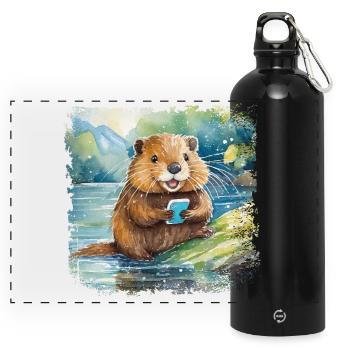 Cute young beaver with mobile phone - Panoramic Drinks Bottle with Carabiner 750 ml - black - Front