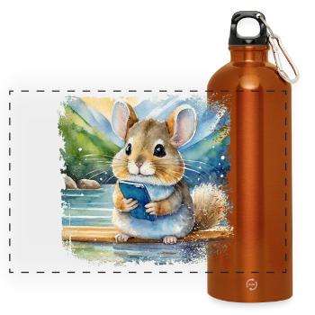 Cute young chinchilla using mobile phone - Panoramic Drinks Bottle with Carabiner 750 ml - burnt orange - Front