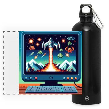 Retro-Flugzeug-Spiel - Panorama Trinkflasche mit Karabiner 750 ml - Schwarz - Vorne