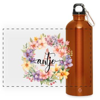 A| Monogram | Name | Antje | Watercolor | Colorful - Panoramic Drinks Bottle with Carabiner 750 ml - burnt orange - Front