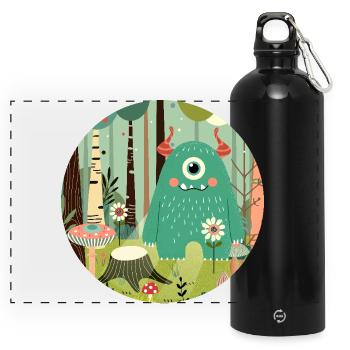 Niedliches Monster im zauberhaften Wald - Panorama Trinkflasche mit Karabiner 750 ml - Schwarz - Vorne