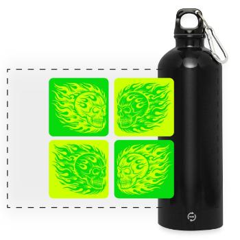 Flaming Skull – Biker & Rocker Style - Panoramic Drinks Bottle with Carabiner 750 ml - black - Front