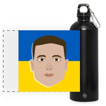Wolodymyr Selenskyj auf ukrainischer Flagge - Panorama Trinkflasche mit Karabiner 750 ml - Schwarz - Vorne
