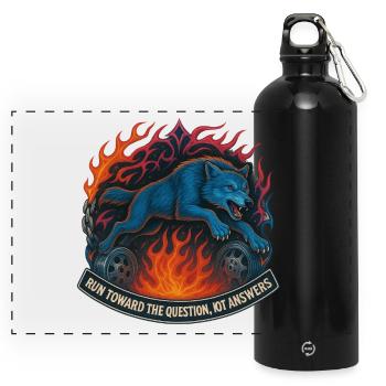 Blauer Wolf im Flammenkreis - Panorama Trinkflasche mit Karabiner 750 ml - Schwarz - Vorne