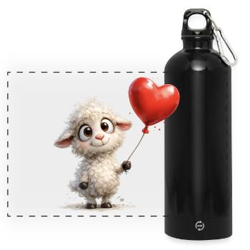 Lamm mit Herzballon - Panorama Trinkflasche mit Karabiner 750 ml - Schwarz - Vorne
