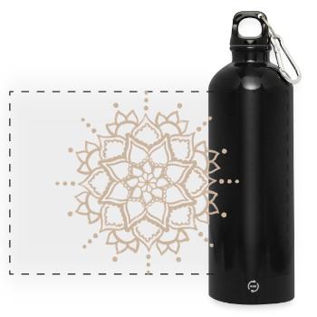 Beige Mandala-Blüte - Panorama Trinkflasche mit Karabiner 750 ml - Schwarz - Vorne