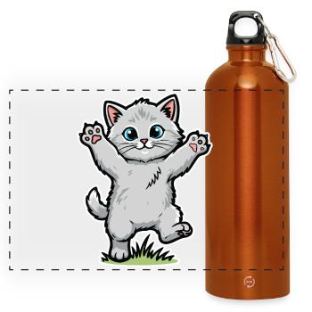 Graues Kätzchen: Glückliche Pfoten in der Luft Spaßporträt - Panorama Trinkflasche mit Karabiner 750 ml - Orange - Vorne