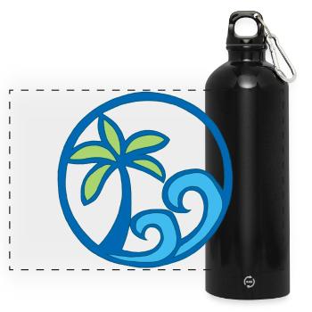 Waves and palm tree - Panoramic Drinks Bottle with Carabiner 750 ml - black - Front