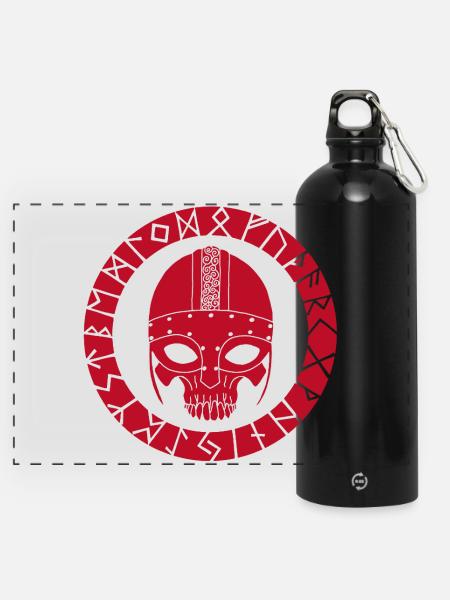 Red Skull und Wikinger Runen - Panorama Trinkflasche mit Karabiner 750 ml - Schwarz