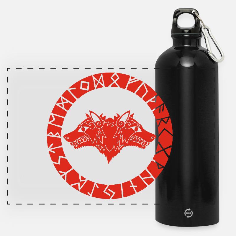 Roter Wikingerwolf mit zwei Köpfen - Panorama Trinkflasche mit Karabiner 750 ml - Schwarz