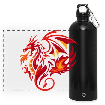 Tribal Drache Flammenrot Tattoo Stil - Panorama Trinkflasche mit Karabiner 750 ml - Schwarz - Vorne