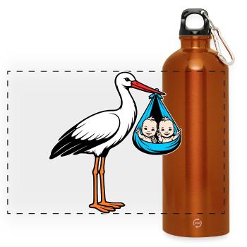 Stork with baby's twins in cloth blue - Panoramic Drinks Bottle with Carabiner 750 ml - burnt orange - Front