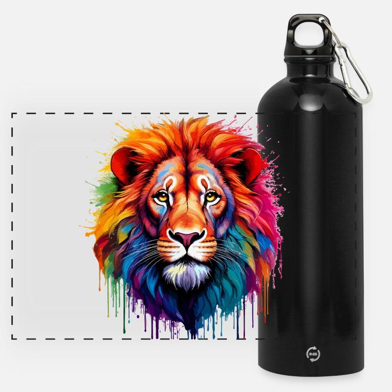Rainbow Lion Art Splash - Panoramic Drinks Bottle with Carabiner 750 ml - black