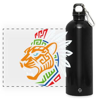 Tribal Tiger – Kraftvolles Ethno Design - Panorama Trinkflasche mit Karabiner 750 ml - Schwarz - Vorne