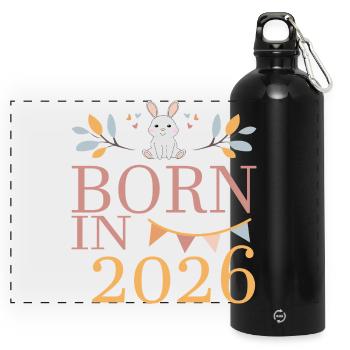 Baby Geboren in 2026 Born in 2026 Süßer Hase - Panorama Trinkflasche mit Karabiner 750 ml - Schwarz - Vorne
