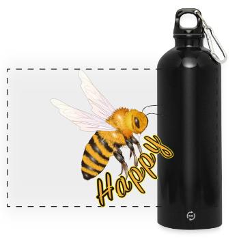 gelber Happy Schriftzug mit handgezeichneter Biene - Panorama Trinkflasche mit Karabiner 750 ml - Schwarz - Vorne