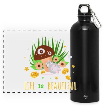 Whimsical Mushroom and Cat Garden design - Panoramic Drinks Bottle with Carabiner 750 ml - black - Front