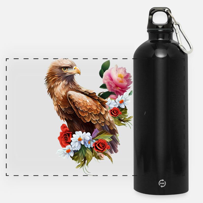 Wunderbarer Adler mit Blumen. - Panorama Trinkflasche mit Karabiner 750 ml - Schwarz