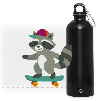 Skateboard-Waschbär mit Basecap - Panorama Trinkflasche mit Karabiner 750 ml - Schwarz - Vorne
