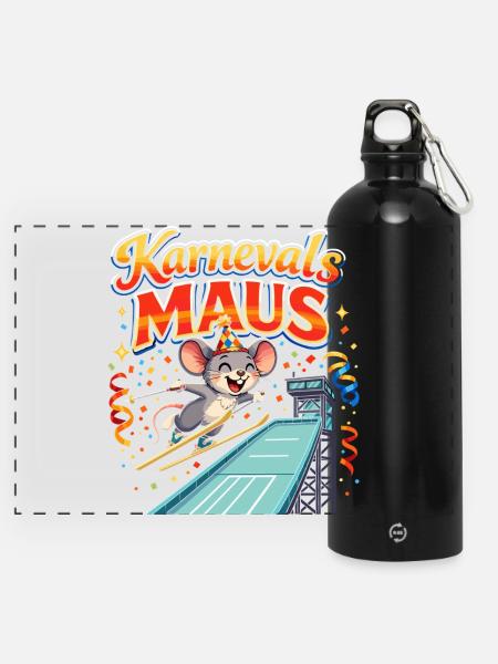 Karnevalsmaus Skispringen lustig - Panorama Trinkflasche mit Karabiner 750 ml - Schwarz