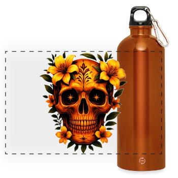 Totenkopf mit Blumen  - Panorama Trinkflasche mit Karabiner 750 ml - Orange - Vorne