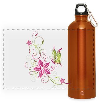 Florales Blumenmotiv mit Schmetterling - Panorama Trinkflasche mit Karabiner 750 ml - Orange - Vorne