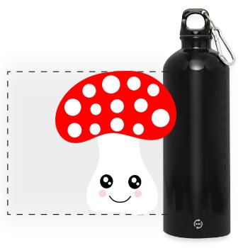 Kawaii, mushroom, toadstool - Panoramic Drinks Bottle with Carabiner 750 ml - black - Front