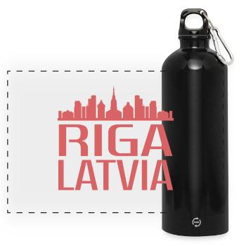 Stilvolle Riga Skyline Illustration - Panorama Trinkflasche mit Karabiner 750 ml - Schwarz - Vorne