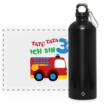 Feuerwehrauto Drei Geburtstag - Panorama Trinkflasche mit Karabiner 750 ml - Schwarz - Vorne