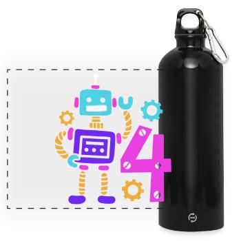 4. Geburtstag Roboter - Panorama Trinkflasche mit Karabiner 750 ml - Schwarz - Vorne