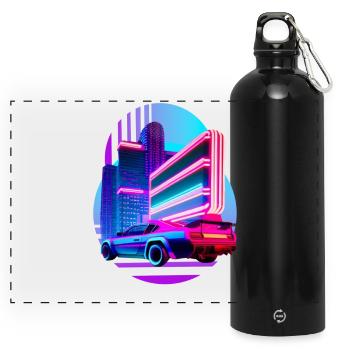 Retro Wave Sport Car 80s Vaporwave Skyline - Panoramic Drinks Bottle with Carabiner 750 ml - black - Front