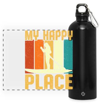 My Happy Place Girl Paddle Board Retro Vintage - Panoramic Drinks Bottle with Carabiner 750 ml - black - Front