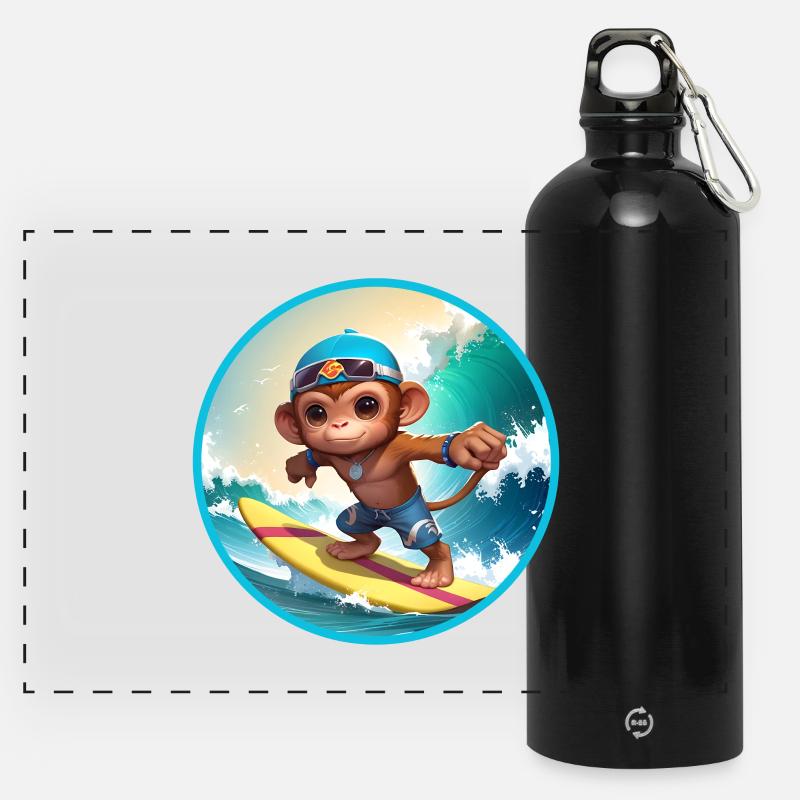 Singe surfeur joyeux - Gourde panoramique avec mousqueton 750 ml - noir