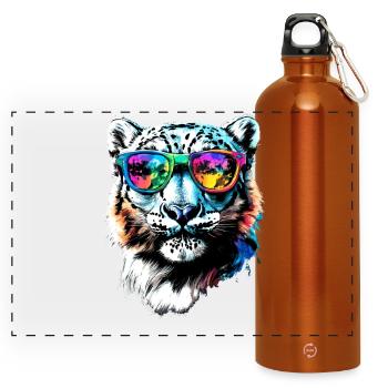 Schneeleopard Panther Raubkatze Großkatze Leopard - Panorama Trinkflasche mit Karabiner 750 ml - Orange - Vorne