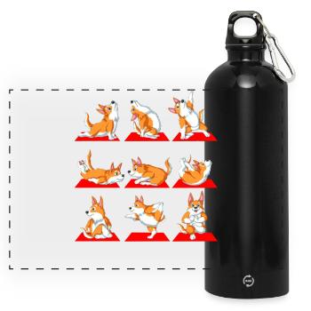 Corgi Yoga Abenteuer – Verspielte Welpenkunst - Panorama Trinkflasche mit Karabiner 750 ml - Schwarz - Vorne
