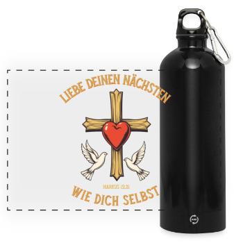 Herz Kreuz Christentum Bibel Liebe deinen Nächsten - Panorama Trinkflasche mit Karabiner 750 ml - Schwarz - Vorne