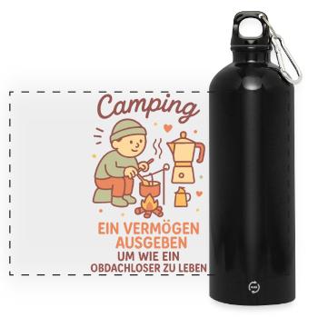 Camping ein Leben ohne Heim lustiger Camper Spruch - Panorama Trinkflasche mit Karabiner 750 ml - Schwarz - Vorne