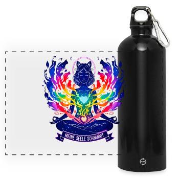 Meine Seele Schnurrt - Yoga Katze Regenbogen - Panorama Trinkflasche mit Karabiner 750 ml - Schwarz - Vorne