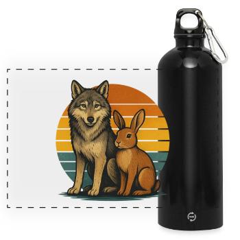 Wolf und Hase Retro - Panorama Trinkflasche mit Karabiner 750 ml - Schwarz - Vorne