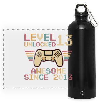 13. Geburtstag Jungen Gamer Level 13 Unlocked - Panorama Trinkflasche mit Karabiner 750 ml - Schwarz - Vorne