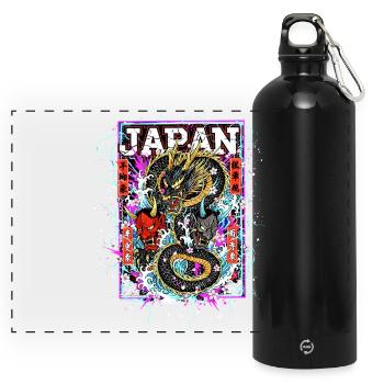 Otaku Samurai & Drache - Cyber Neon Streetart - Panorama Trinkflasche mit Karabiner 750 ml - Schwarz - Vorne